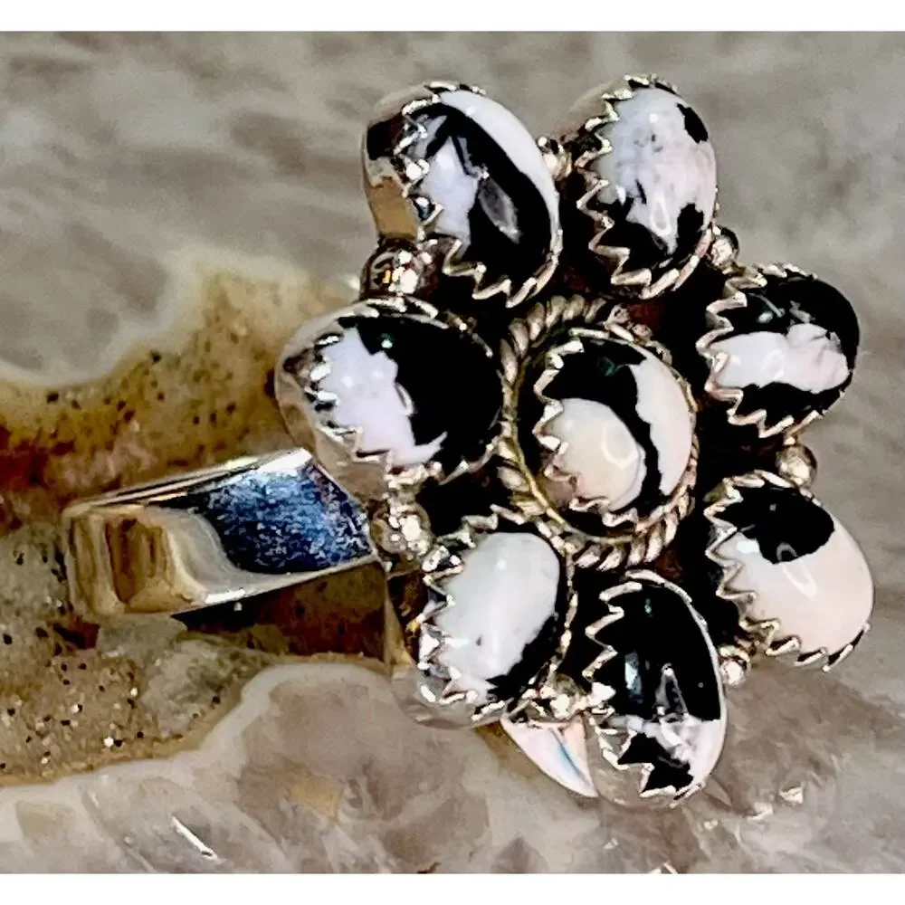 White Buffalo Turquoise Sterling Silver Cluster Ring Adjust Sz Southwestern 925